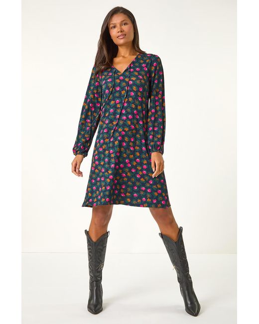 Roman Black Floral Printed Jersey Swing Dress
