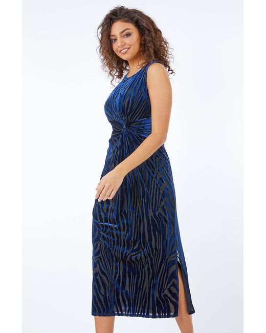 Roman Petite Blue Animal Velvet Midi Dress