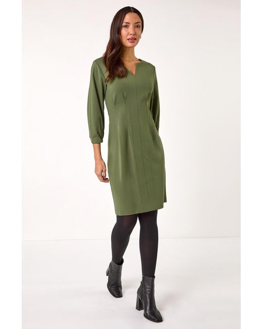 Roman Green Ponte Stretch Notch Neck Midi Dress