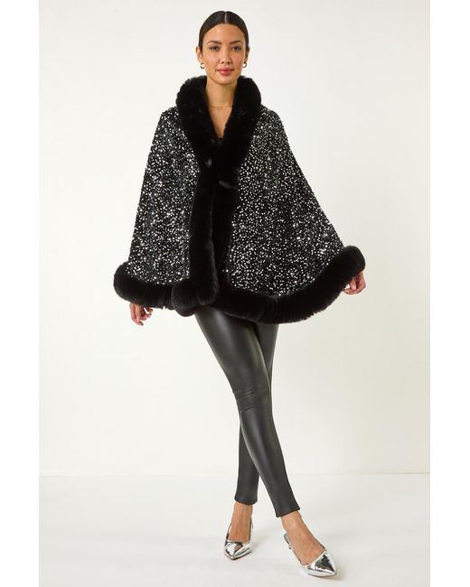 Roman Black Faux Fur Trim Sequin Cape
