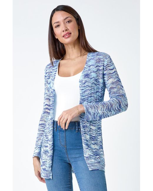 Roman Blue Wave Print Pointelle Knit Cardigan