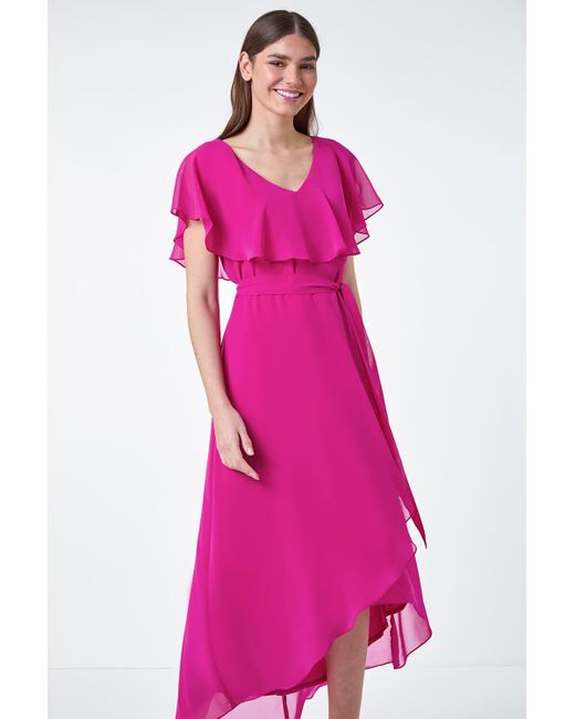 Roman Pink Plain Chiffon Midi Wrap Dress