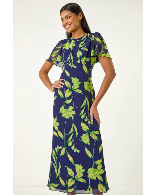 Roman Blue Leaf Print Back Tie Midi Dress