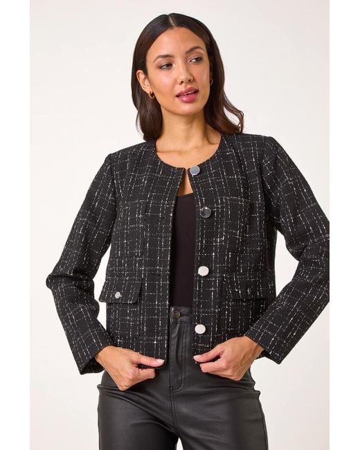 Roman Black Collarless Buttoned Boucle Jacket