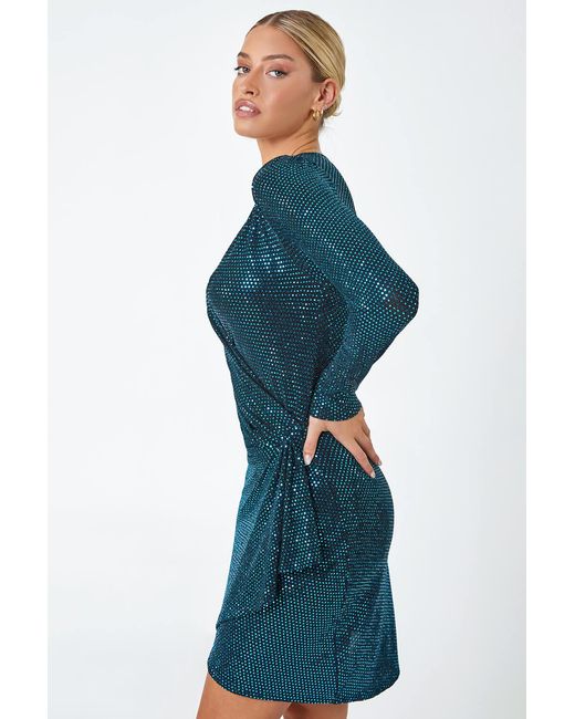 D.u.s.k Blue Sparkle Embellished Ruched Wrap Dress