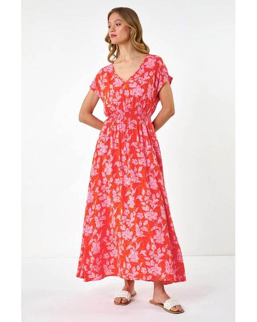 Roman Floral Print Shirred Maxi Dress
