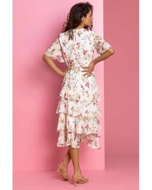 Roman Pink Floral Print Chiffon Frill Tiered Midi Dress