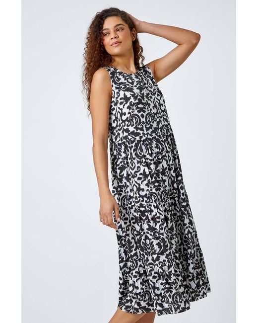 Roman White Baroque Tiered Smock Midi Dress