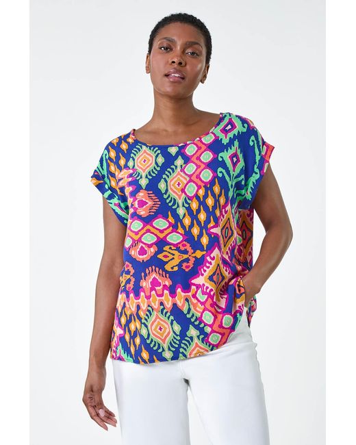 Roman White Aztec Print Short Sleeve Top
