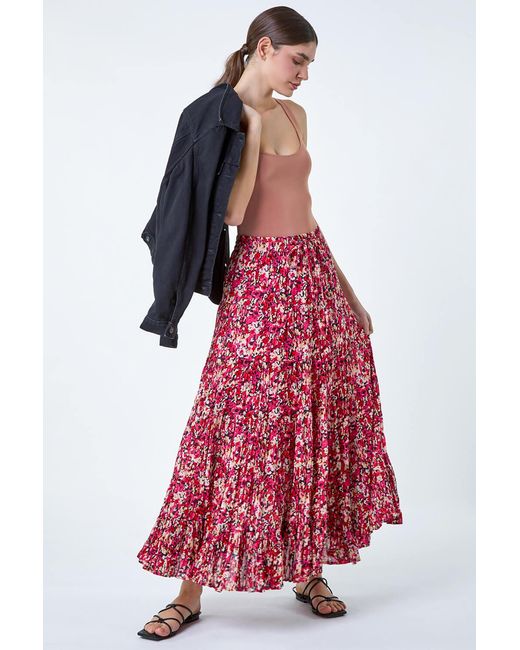Roman Floral Crinkle Cotton A Line Tiered Maxi Skirt