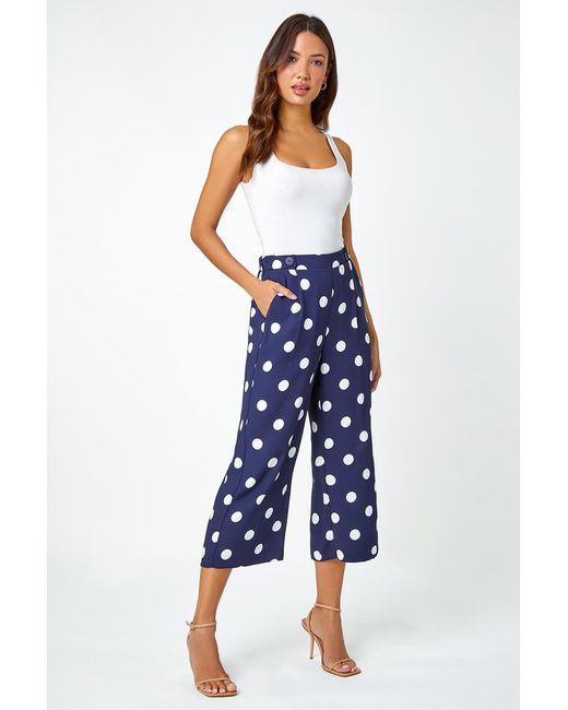 Roman Blue Polka Dot Elastic Waist Culotte Trousers