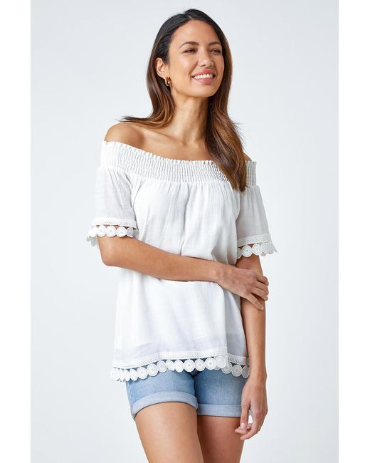 Roman White Lace Detail Shirred Bardot Top