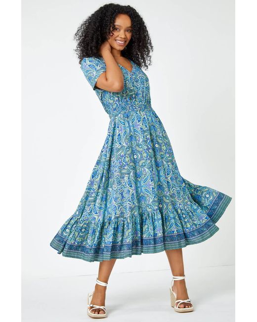 Roman Petite Blue Paisley Print Frill Hem Midi Dress