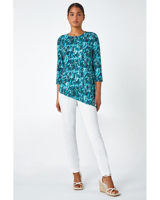 Roman Blue Abstract Print Asymmetric Stretch Top