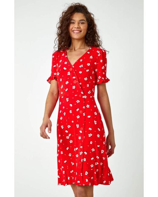 Roman Red Ditsy Floral Print Stretch Fit Casual Knee Length Midi Dress
