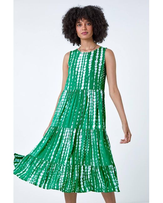 Roman Green Tie Dye Print Sleeveless Smock Dress