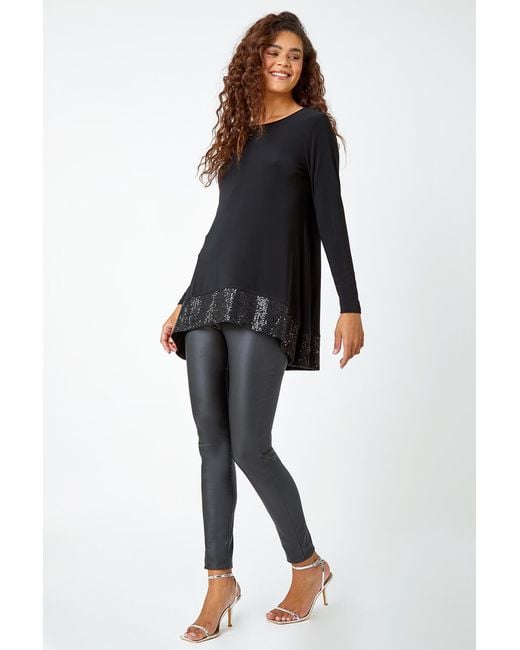 Roman Black Sequin Hem Stretch Tunic Top