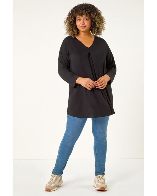 Roman Curve Blue V-Neck Pleat Tunic Top