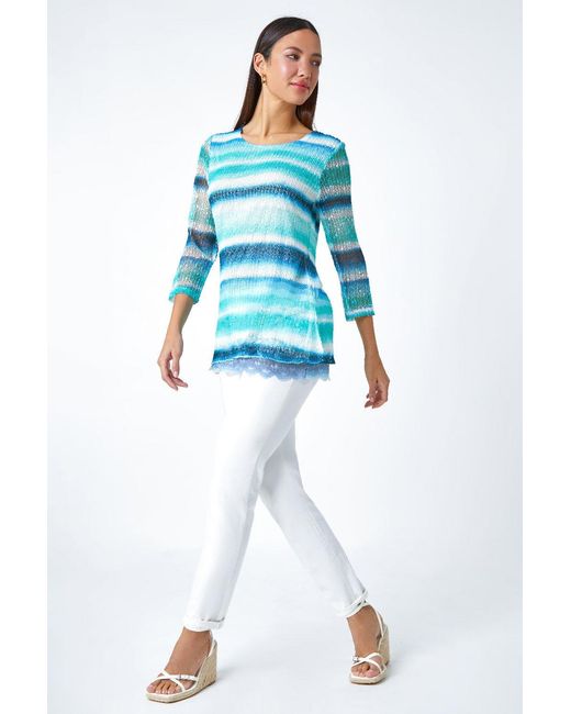 Roman Blue Lace Trim Stripe Mesh Overlay Top