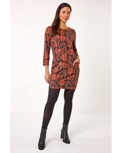 Roman Red Floral Leaf Pocket Stretch Shift Dress