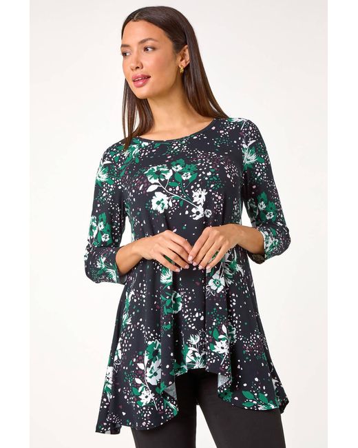Roman Blue Floral Hanky Hem Stretch Tunic Top