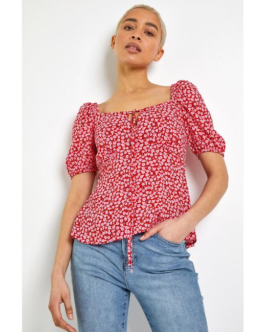 D.u.s.k Red Ditsy Floral Tie Neck Peplum Top