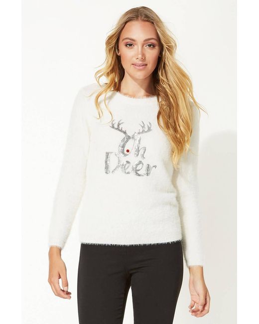 Roman White Oh Deer Embellished Christmas Jumper