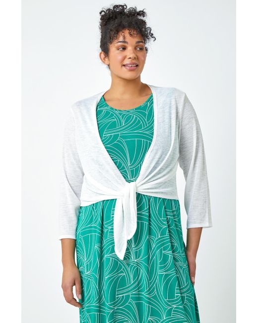 Roman Green Curve Tie Front Stretch Cropped Cardigan