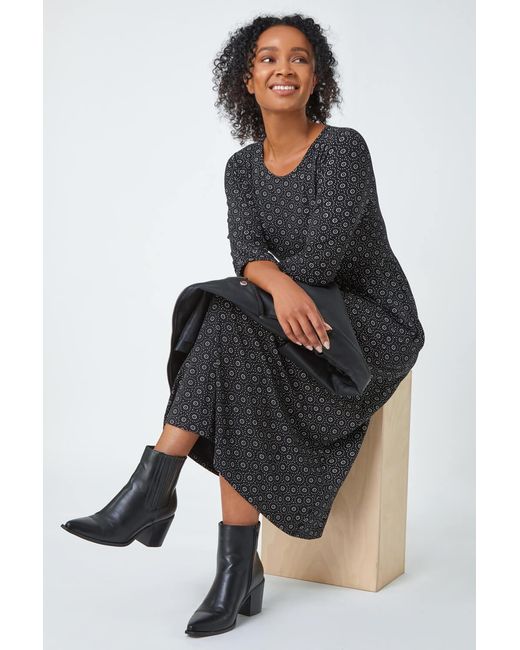 Roman Petite Black Spot Pocket Stretch Ruched Midi Dress