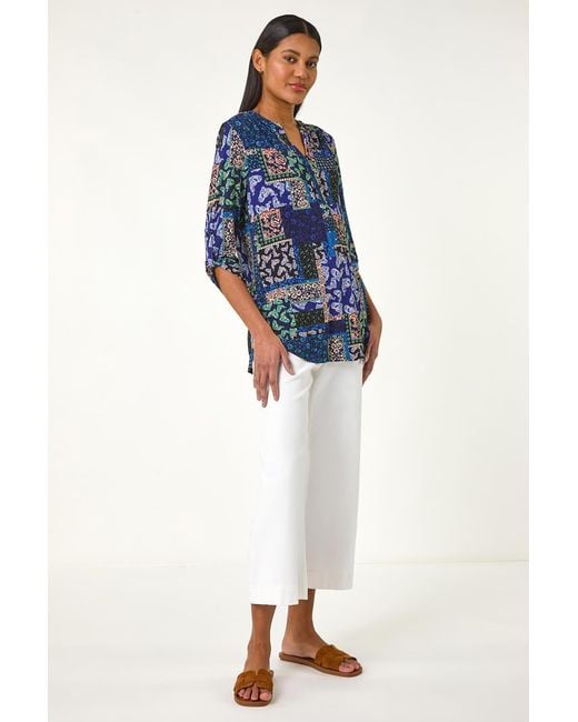 Roman Blue Paisley Contrast Print Stretch Top