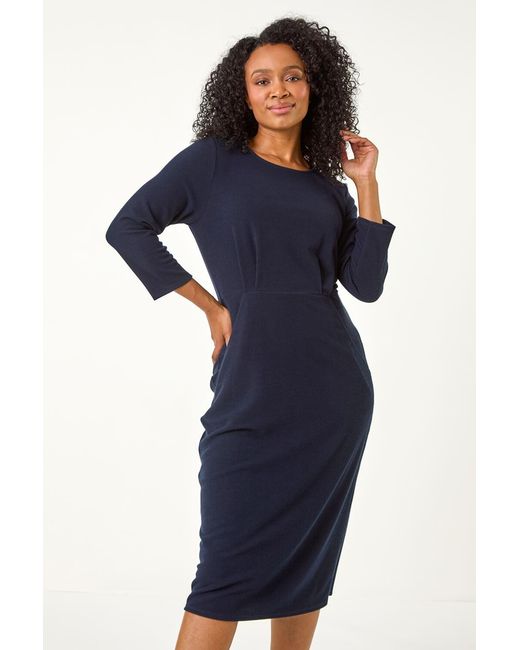 Roman Petite Blue Ribbed Pocket Detail Midi Dress