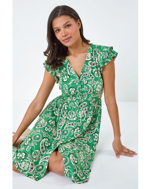 Roman Green Originals Paisley Floral Print Frill Dress