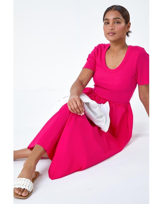 Roman Pink Cotton Stretch Jersey Mix Midi Dress