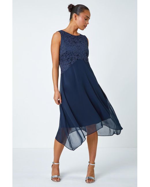 Roman Blue Originals Petite Lace Bodice Chiffon Dress
