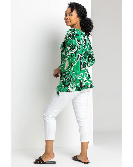 Roman Petite Green Paisley Keyhole Detail Jersey Top
