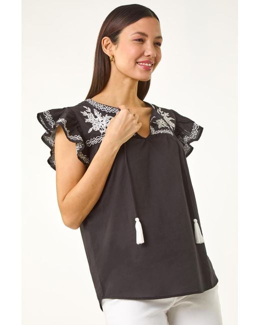 Roman White Embroidered Tie Front Top
