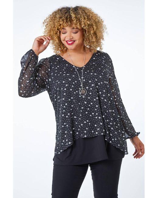 Roman Curve Blue Metallic Star Necklace V-Neck Chiffon Top