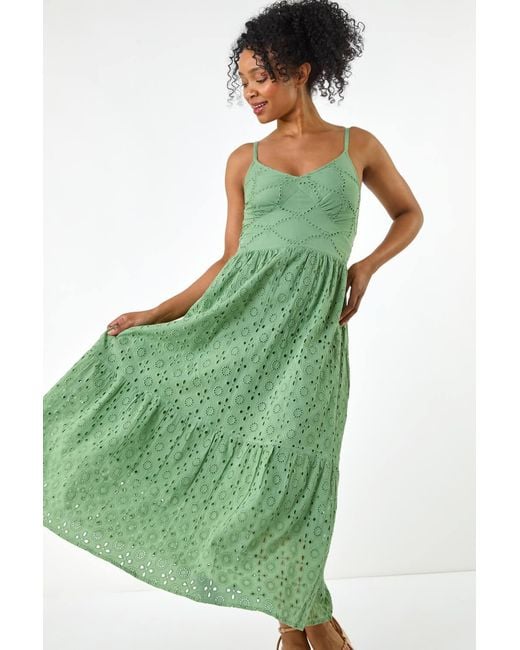 Roman Petite Green Broderie Strappy Maxi Dress
