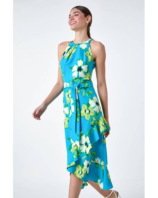 Roman Blue Floral Print Chiffon Halterneck Midi Dress