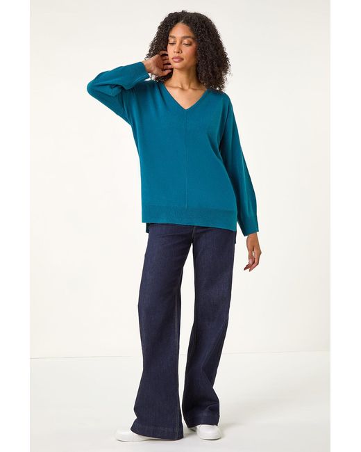 Roman Blue Soft V-Neck Side Split Knit Sweater