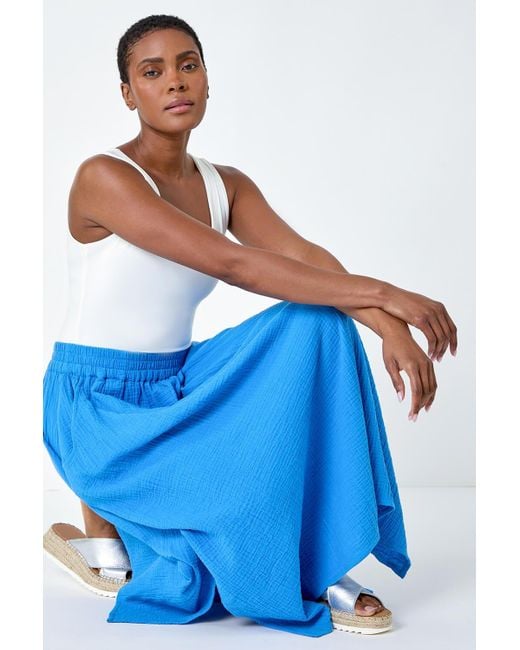Roman Blue Textured Cotton Elastic Waist A Line Maxi Skirt