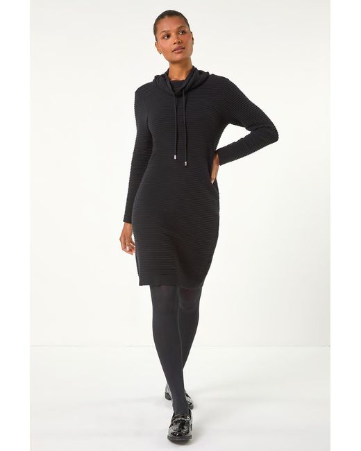 Roman Black Ribbed Cowl Neck Jumper Dress