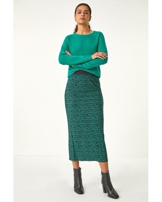 Roman Green Plisse Spot Print Stretch Maxi Skirt