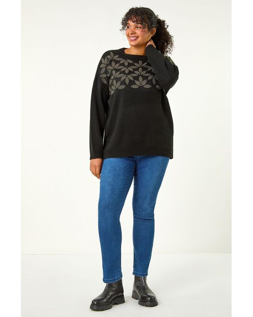 Roman Curve Black Leaf Print Hotfix Knit Jumper