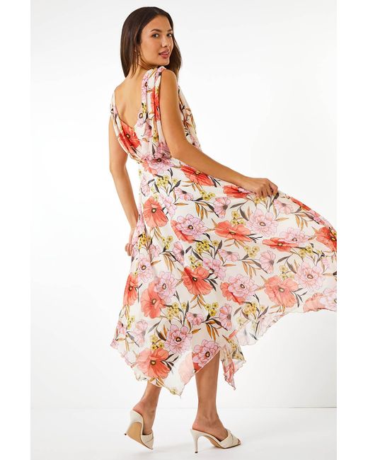 Roman Orange Floral Chiffon Hanky Hem Asymmetric Dress