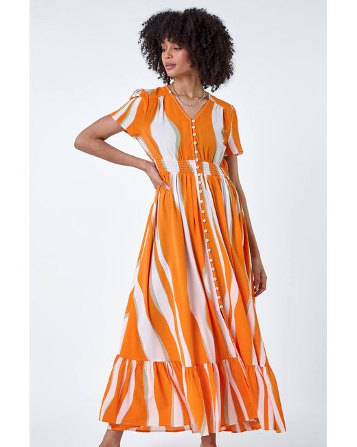 Roman Orange Abstract Textured Frill Hem Maxi Dress