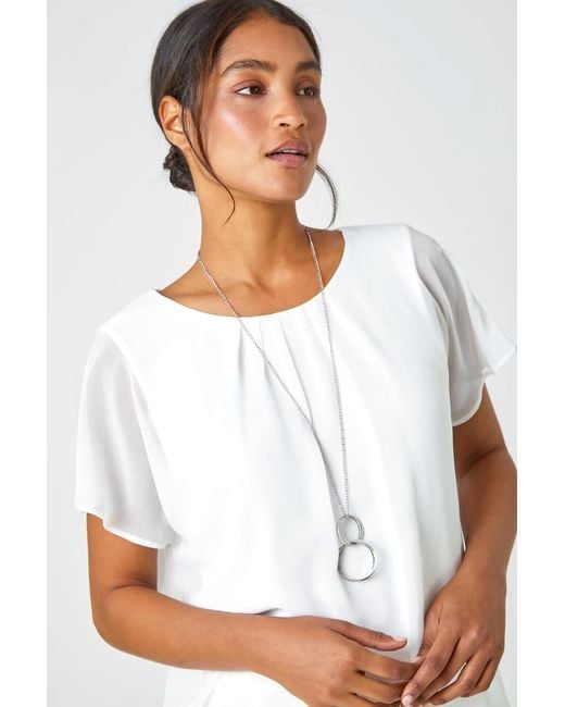 Roman White Chiffon Jersey Blouson Top With Necklace
