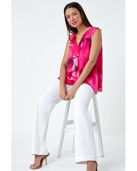 Roman Red Ombre Print V-Neck Ruffle Front Top