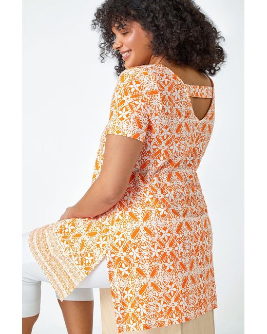 Roman Curve Orange Tile Print Stretch Tunic Top