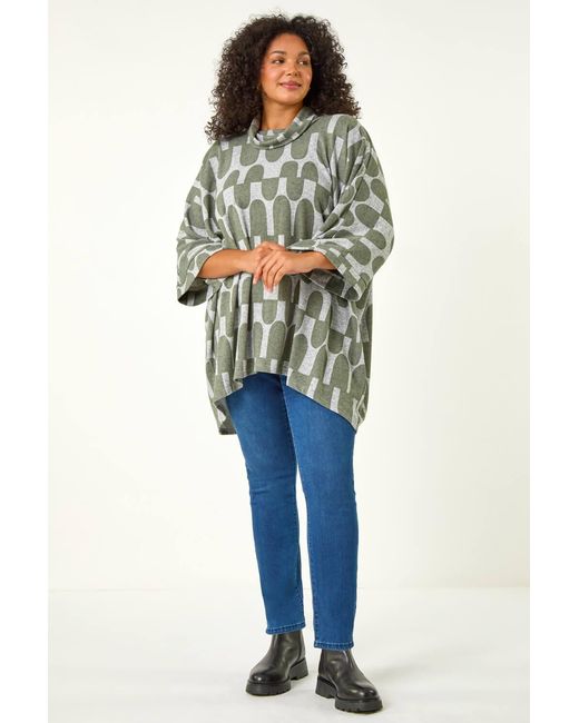 Roman Curve Green Geometric Print Roll Neck Top
